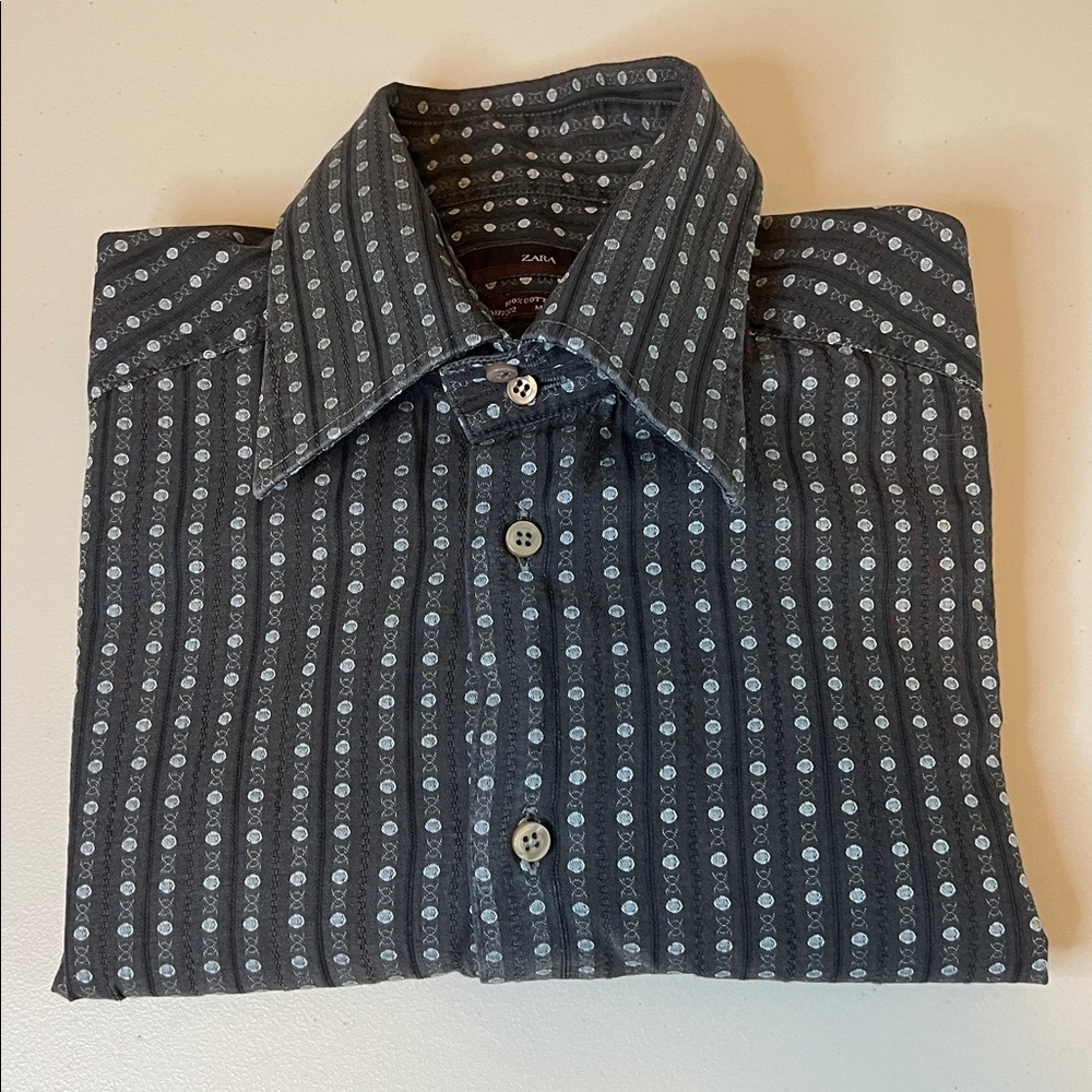 Zara Slim Fit Cotton Button Down Shirt Gray Estimated Size Small